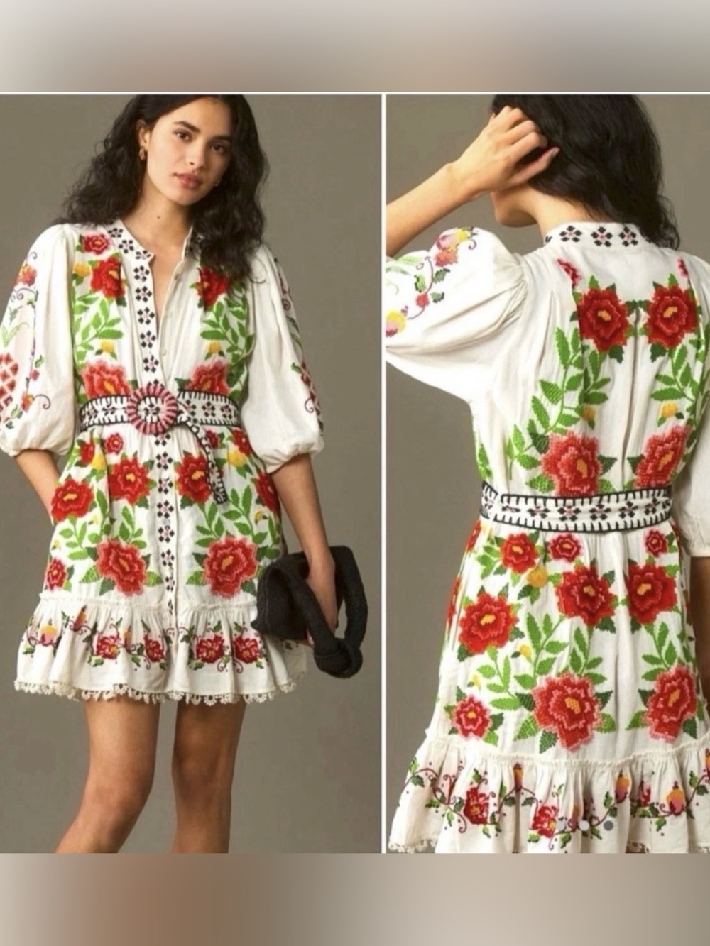 Farm rio carmina White Floral Embroidered Mini Dress with Red Roses